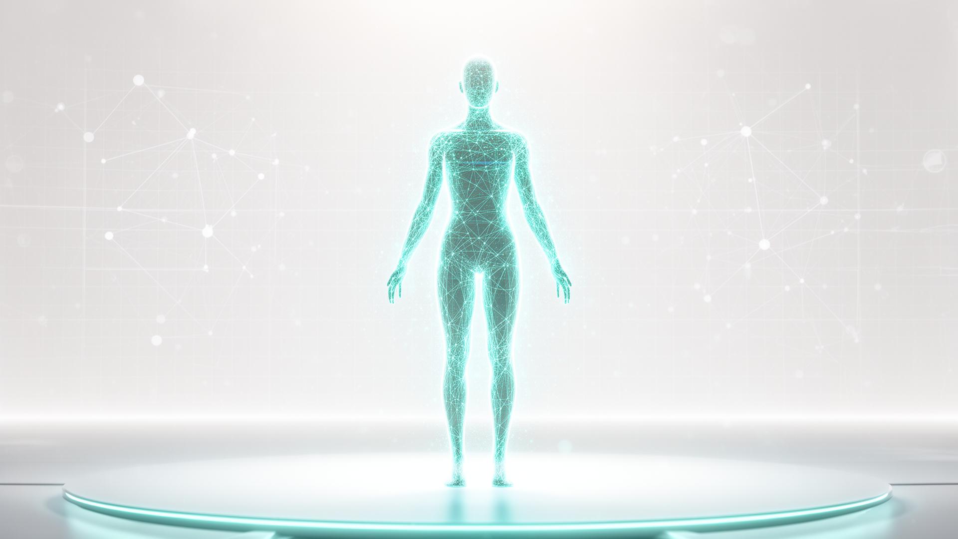 Abstract digital human made of glowing cyan network lines on a luminous stage