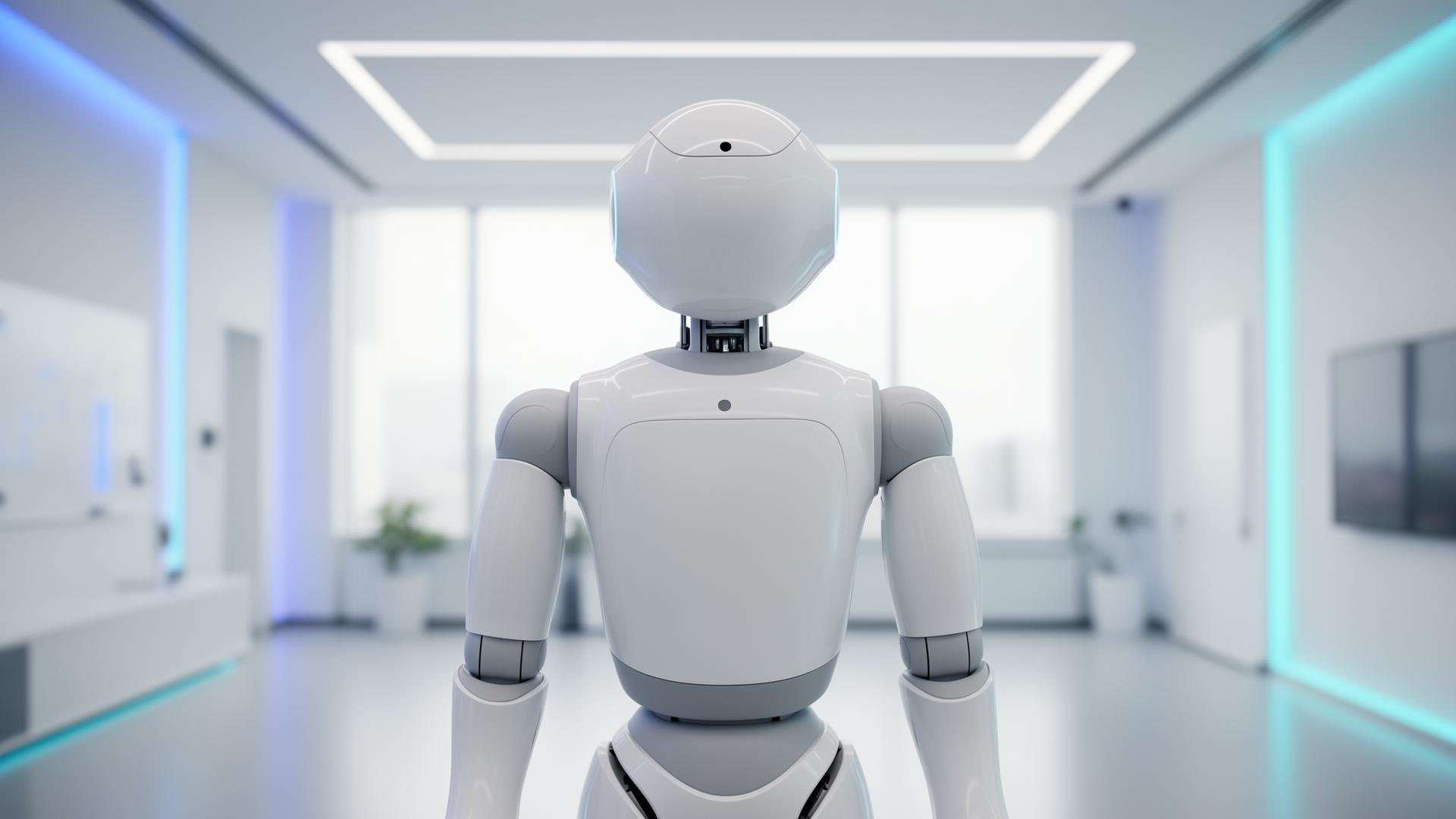 Premium humanoid robot in a bright minimal innovation lab